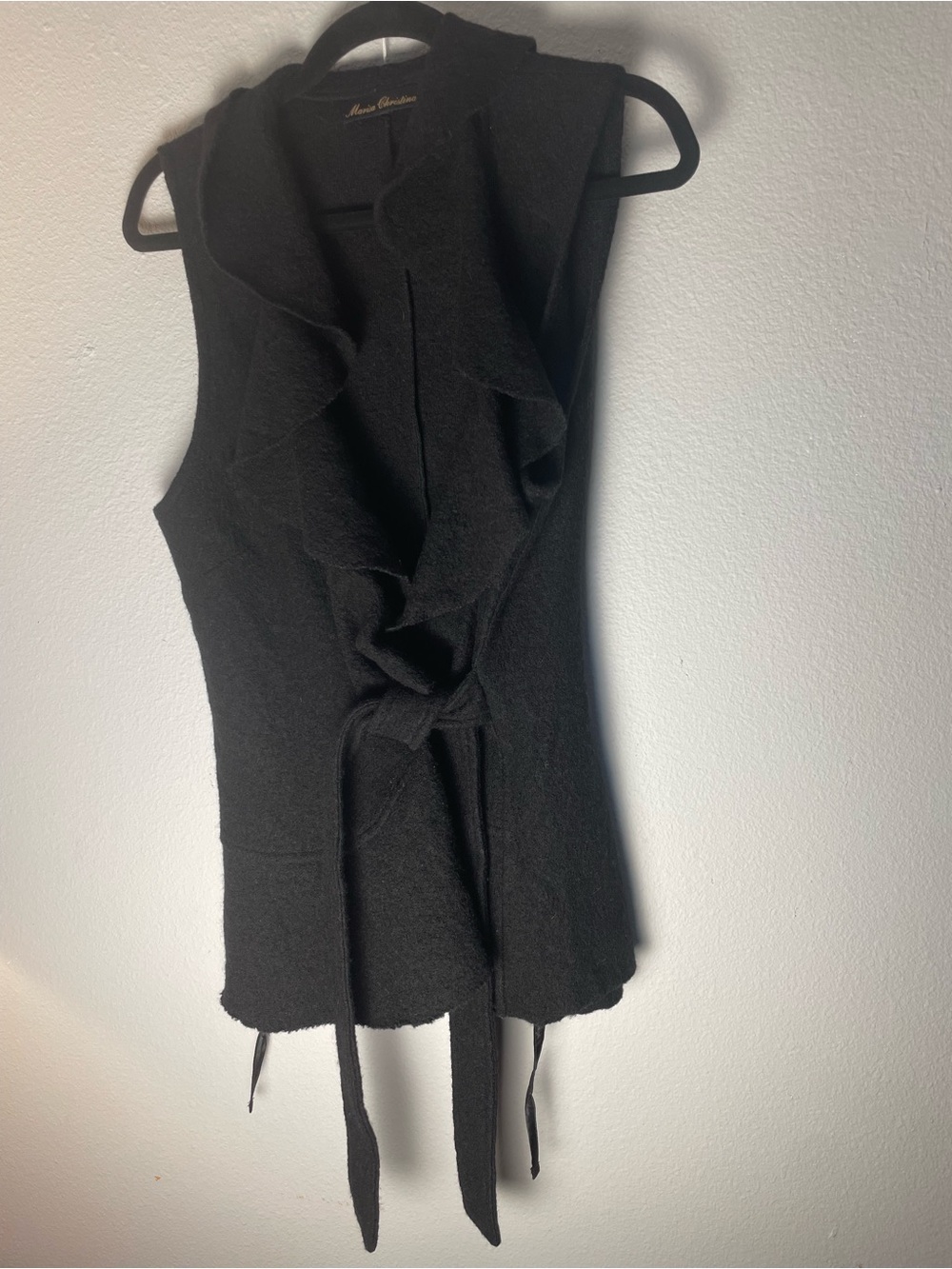 Marisa Christina 100% Wool Black Ruffle Wrap Vest Belted Large